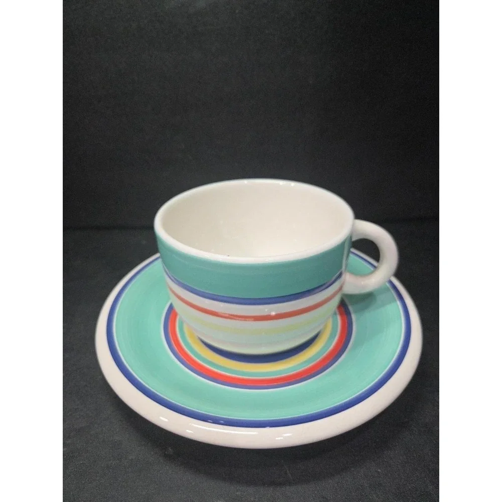 Pier 1 Turquoise Hand Painted Bright Striped Coffee Mug & Saucer, Kitchen‎ Decor